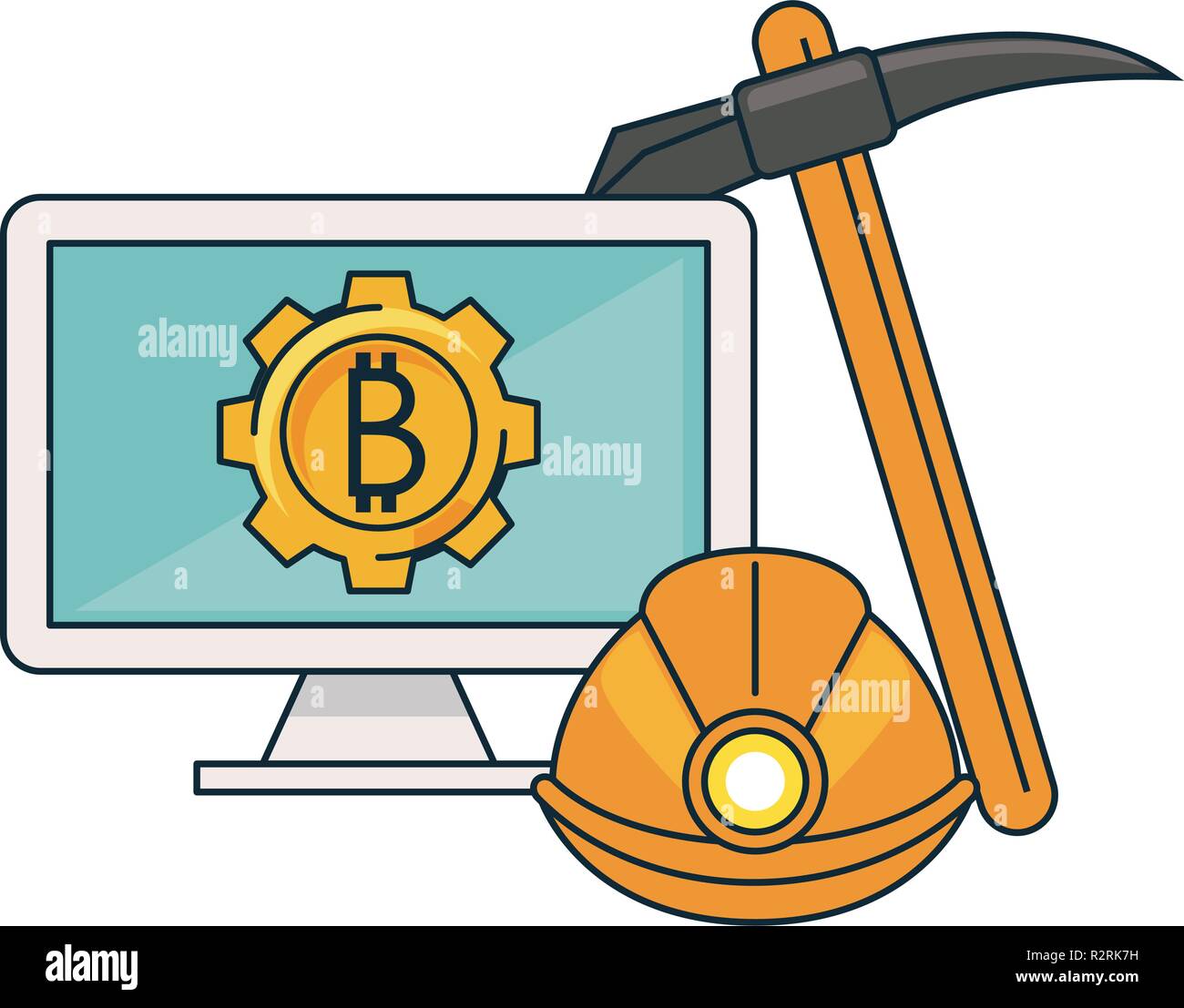 !   Bitcoin Mining From Computer With Tools Vector Illustration Graphic - 